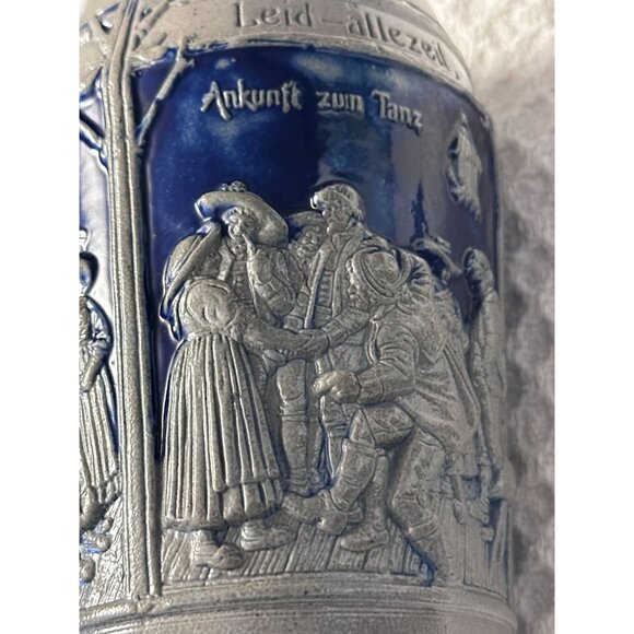 German Stoneware Blue Gray Stein Mug Handle Raised Designs Celebrate - Picture 4 of 7